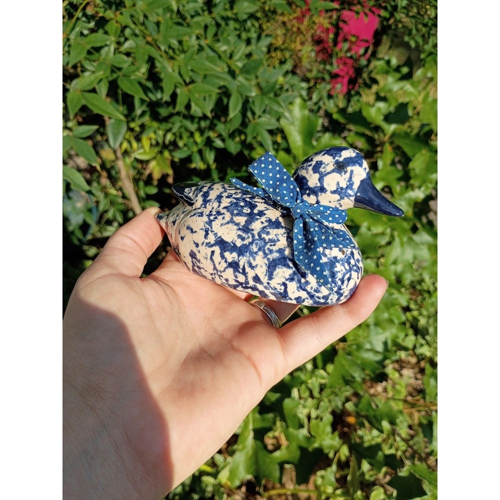 Blue Stoneware Ceramic Blue And White Calico Duck With A Bow 4.5"